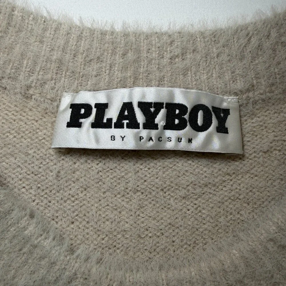 PLAYBOY Fuzzy Bunny Head PacSun Crew Neck Sweater Tan Beige XL
